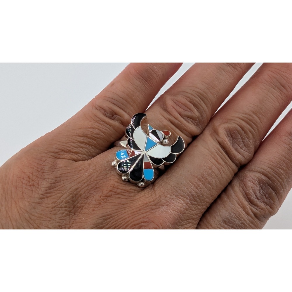 Handmade Zuni Ring Size 7.75US - Thunderbird Women's Southwest Jewelry Signed * - Picture 6 of 7